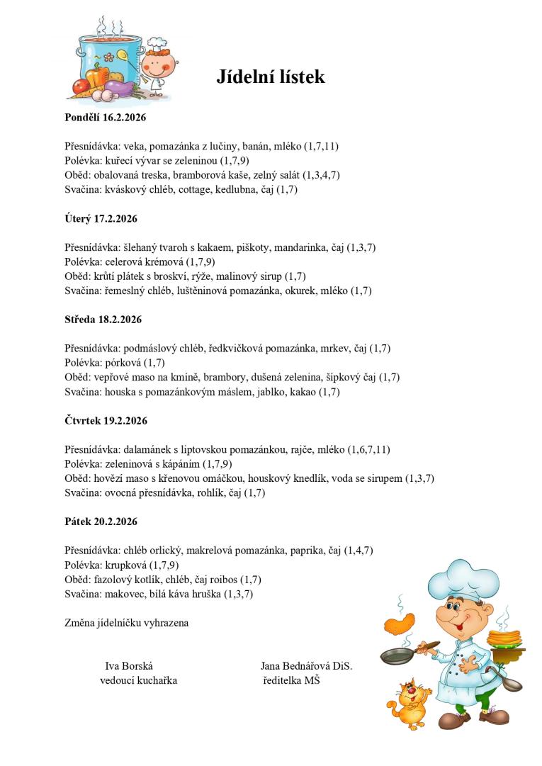 Jídelní lístek 16. - 20.2.2026