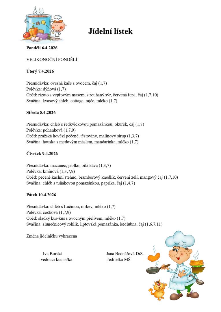 Jídelní lístek 6.&nbsp;- 10.4.2026